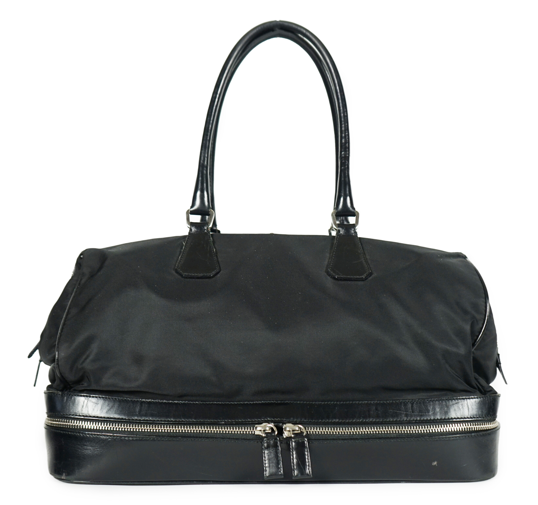 A Prada Tessuto black nylon and leather bag, width 38cm, height 23cm, depth 50cm